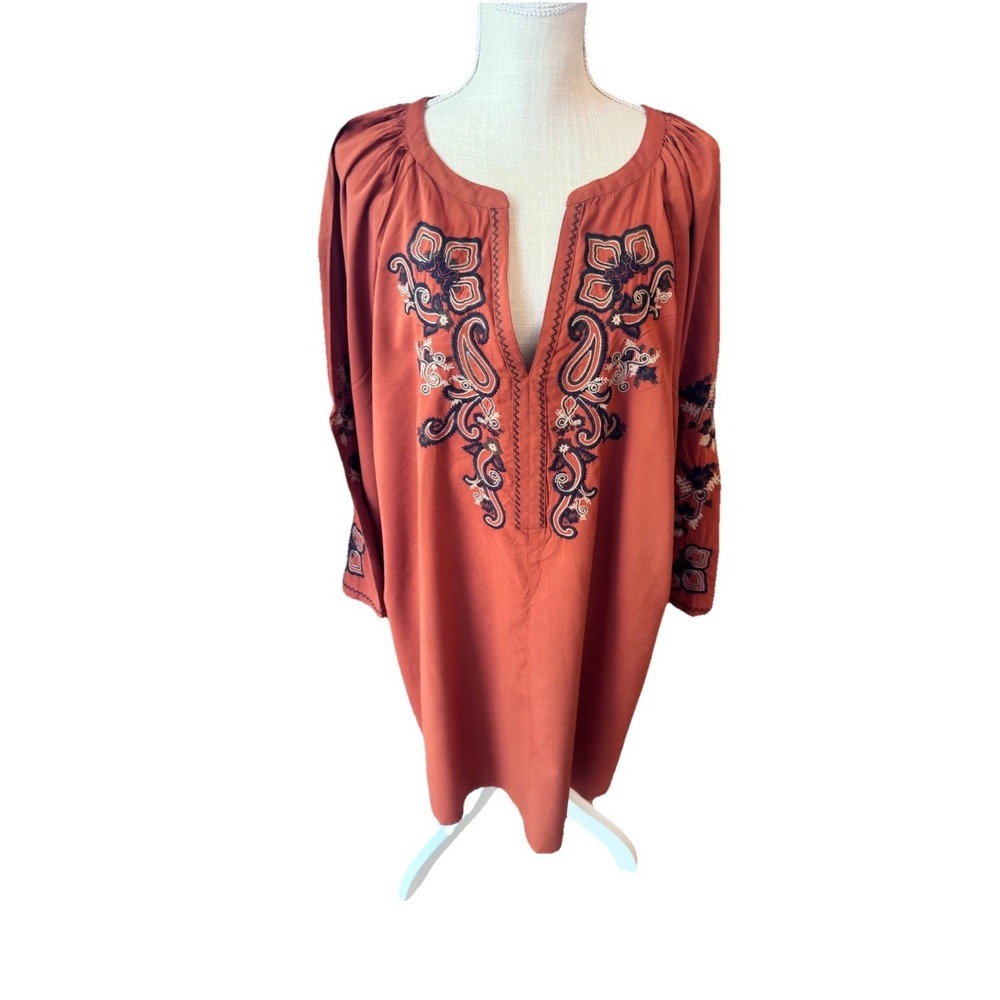 Banana Republic Rust Orange Embroidered Paisley Boho Tunic Top Women XS